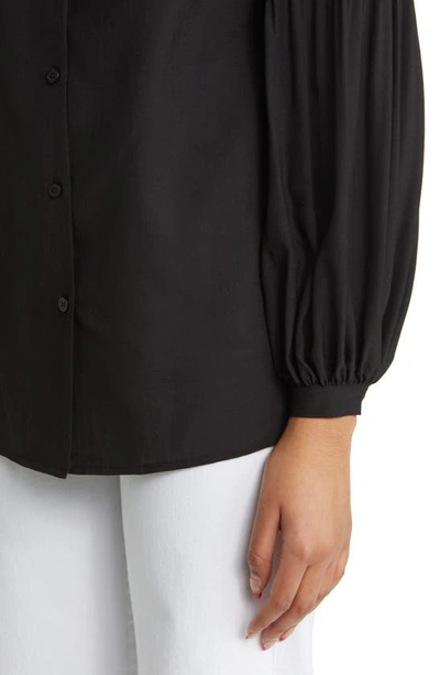 Misook Pleated-sleeve Split-neck Blouse In Black