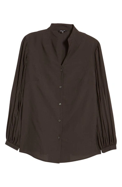 Misook Pleated-sleeve Split-neck Blouse In Black