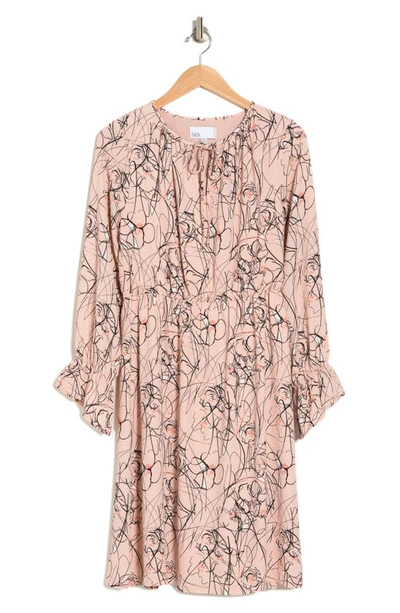 Shop Nordstrom Rack Floral Print Gathered Tie Long Sleeve Midi Dress In Pink Peach Scribble