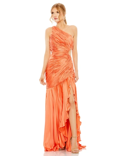 Shop Mac Duggal Side Cut-out One-shoulder Pleated Gown In Coral