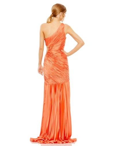 Shop Mac Duggal Side Cut-out One-shoulder Pleated Gown In Coral