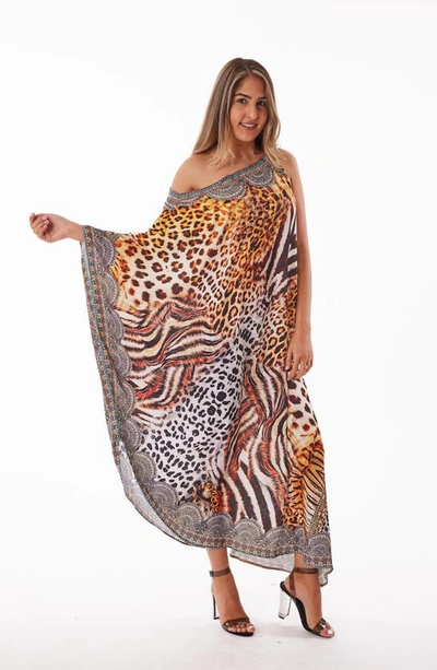 Ranee's Crystal Embellished Animal Print One-shoulder Dress In Brown