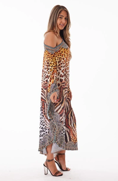 Ranee's Crystal Embellished Animal Print One-shoulder Dress In Brown