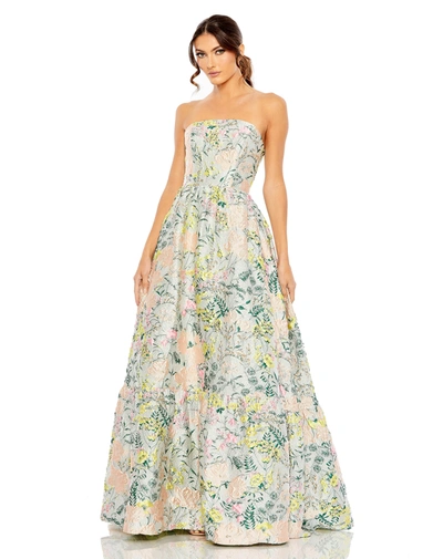 Shop Mac Duggal Floral Brocade Strapless A Line Gown In Pastel Multi