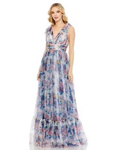Shop Mac Duggal Floral Print Ruched Soft Tie Sleeveless Gown In Blue Multi