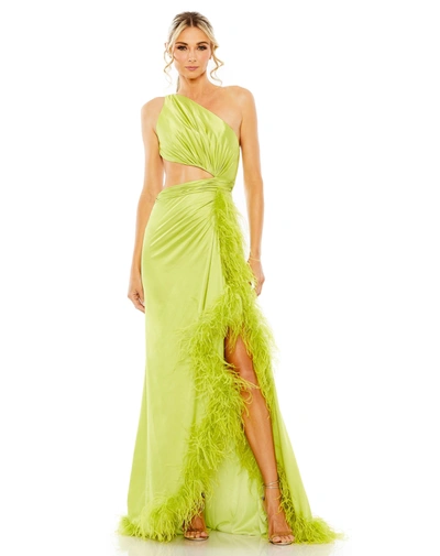 Shop Mac Duggal One Shoulder Key Hold Detail With Feather Lining In Lime