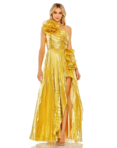 Shop Mac Duggal One Shoulder Pleated Gown In Gold