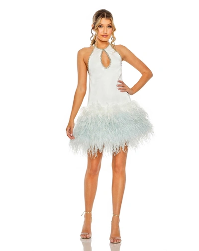 Shop Mac Duggal Rhinestone Trim Halter Neck Feather A-line Dress - Final Sale In White