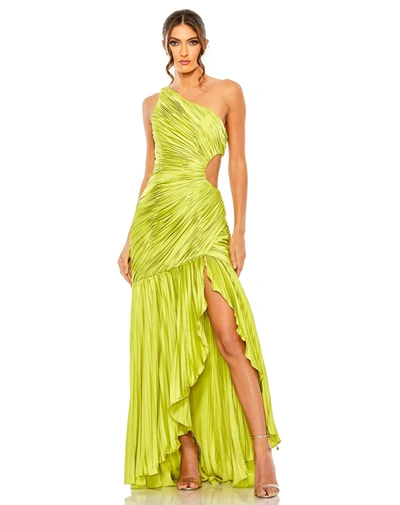 Shop Mac Duggal Side Cut-out One-shoulder Pleated Gown In Apple Green