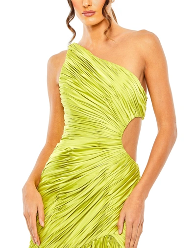 Shop Mac Duggal Side Cut-out One-shoulder Pleated Gown In Apple Green
