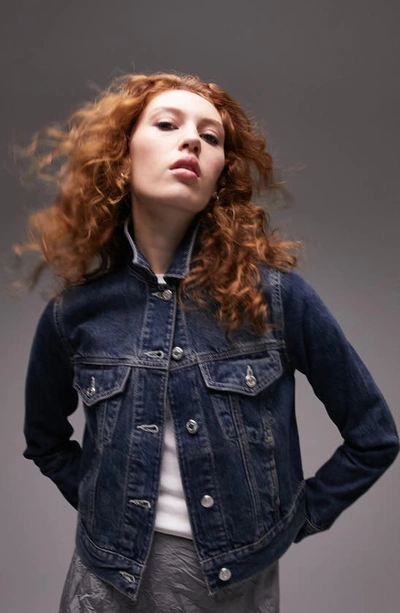 Shop Topshop Tilda Crop Denim Jacket In Mid Blue