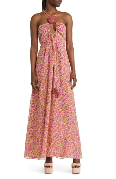 Shop For Love & Lemons Suzette Floral Chiffon Maxi Dress In Pink