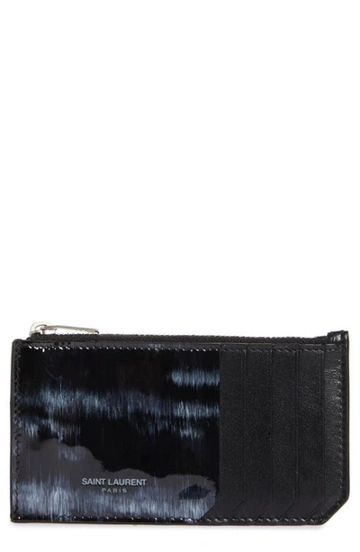 Shop Saint Laurent Painted Fragments Leather Zip Card Case In Nero/ Grigio Scuro