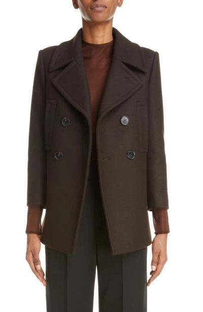 Shop Saint Laurent Wool Blend Peacoat In Marron Fonce