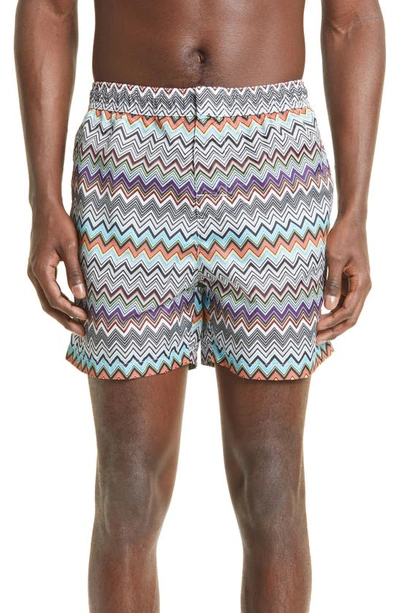 Shop Missoni Zigzag Swim Trunks In Grey/ Violet/ White/ Yellow