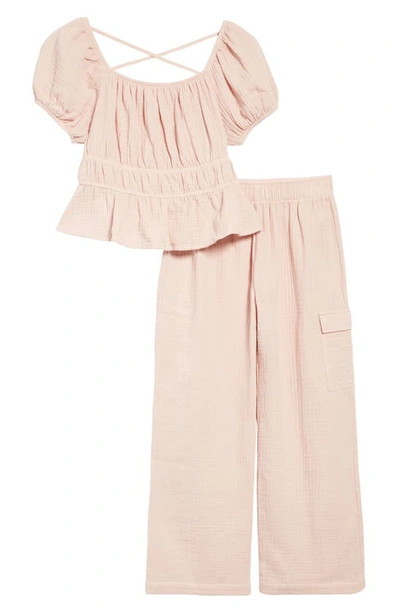 Love, Fire Kids' Cotton Gauze Top & Wide Leg Pants Set In Rose Dust
