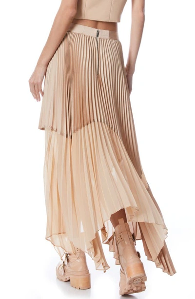 Shop Alice And Olivia Fraley Sunburst Pleat Asymmetric Hem Midi Skirt In Almond