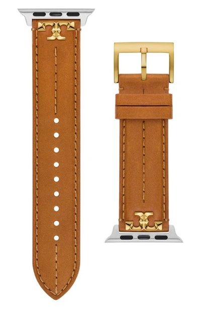 Shop Tory Burch The Kira Leather 20mm Apple Watch® Watchband In Luggage