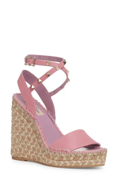 Shop Valentino Rockstud Espadrille Wedge Sandal In 78n Candy Rose/ Misty Mauve