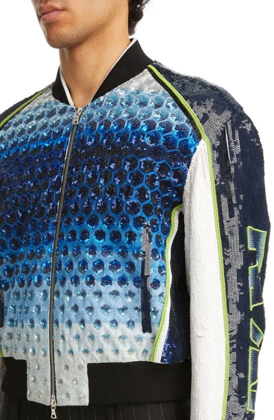 Dries Van Noten: Blue & White Sequinned Bomber Jacket