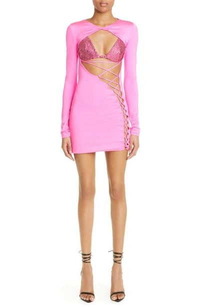 Shop Dundas Coco Bijoux Bra Top Lace-up Long Sleeve Minidress In Fluo Pink