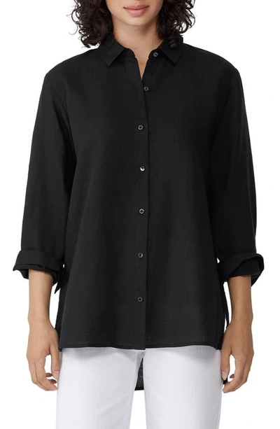 Shop Eileen Fisher Classic Collar Easy Linen Button-up Shirt In Black