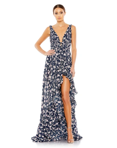 Shop Mac Duggal Floral Print Sleeveless Ruffled High-low Gown In Navy Multi
