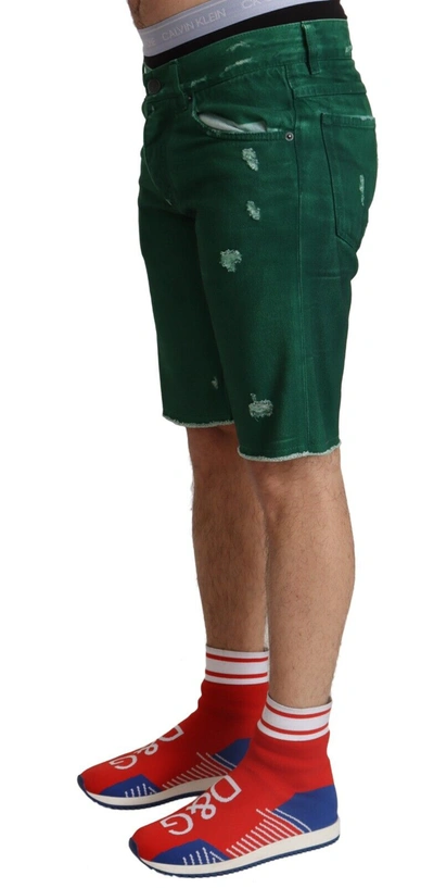 Shop Dolce & Gabbana Green Tattered Cotton Men Denim Bermuda Men's Shorts