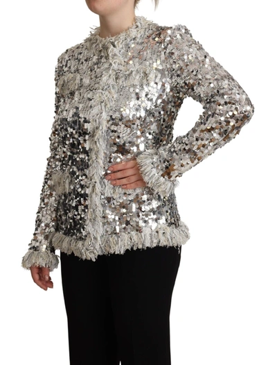 Shop Dolce & Gabbana Silver Sequined Shearling Long Sleeves Women's Jacket