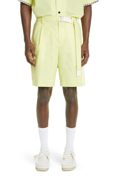 Shop Sacai Belted Wide Leg Suiting Shorts In Yellow