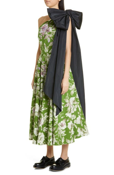 Shop Erdem Johanne Jeweled Floral Print One-shoulder Midi Dress With Bow In Kiwi
