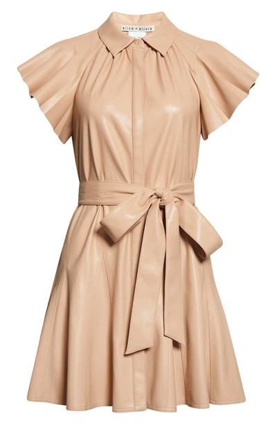 Shop Alice And Olivia Mckell Faux Leather Mini Shirtdress In Almond