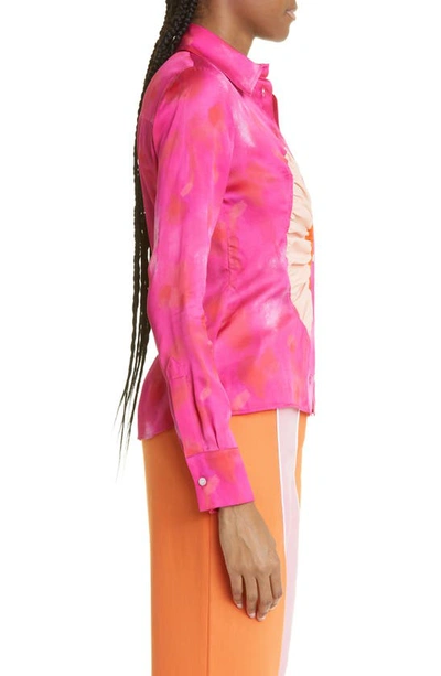 Shop Ahluwalia Kati Watercolor Print Ruched Shirt In Pink/ Orange