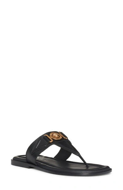 Versace La Medusa Leather Flip Flops In Black+gold | ModeSens