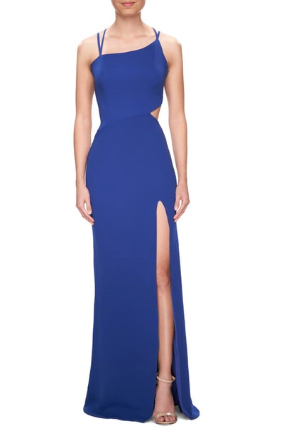 Shop La Femme High Slit Strappy Back Gown In Royal Blue