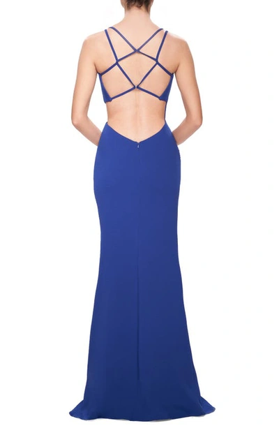 Shop La Femme High Slit Strappy Back Gown In Royal Blue