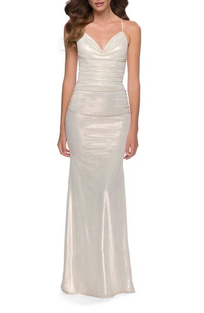 Shop La Femme Ruched Jersey Gown In White/ Gold