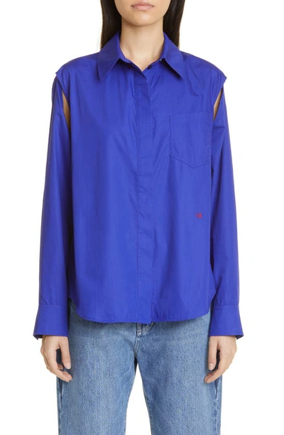 Shop Victoria Beckham Cold Shoulder Poplin Button-up Shirt In Electric Purple