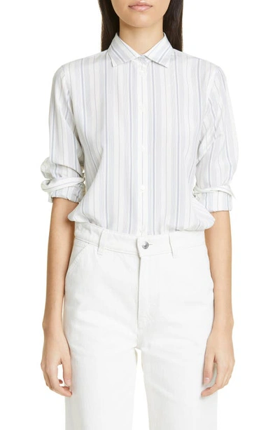 Shop Loro Piana Lake Stripe Silk Button-up Shirt In F4dq White/ Clear Blu