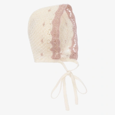 Shop Paz Rodriguez Girls Ivory & Pink Cotton Knit Baby Bonnet