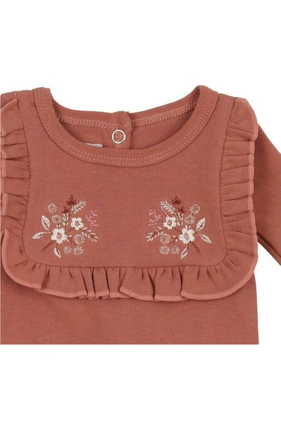 Shop Maniere Floral Embroidered Cotton Knit Footie In Rust