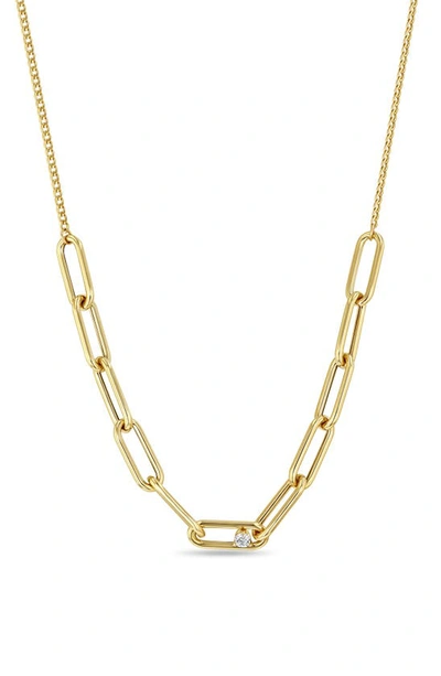 Shop Zoë Chicco Paperclip Link Station Necklace With Prong Diamond In 14k Yellow Gold