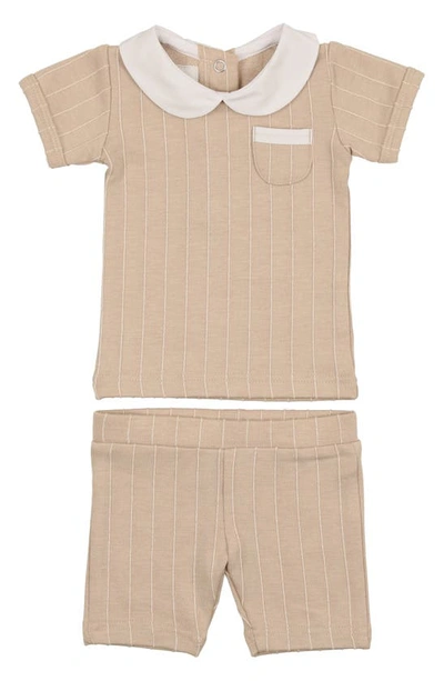 Shop Maniere Raised Stripe Short Sleeve Top & Shorts Set In Beige