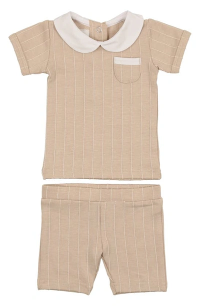 Maniere Manière Raised Stripe Short Sleeve Top & Shorts Set In Beige