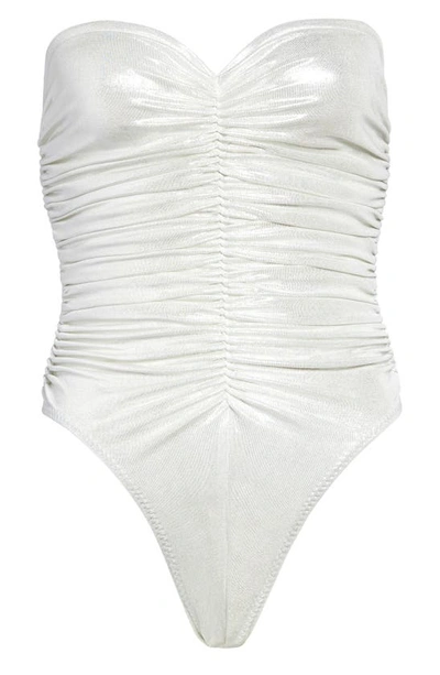 Shop Norma Kamali Slinky Marissa Strapless One-piece Swimsuit In Pearl