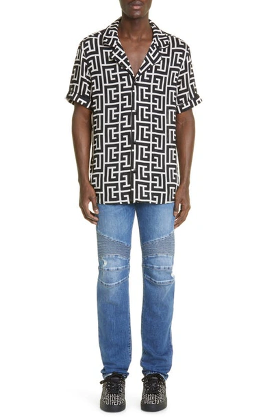 Shop Balmain Macro Monogram Short Sleeve Camp Shirt In Ivory/ Black