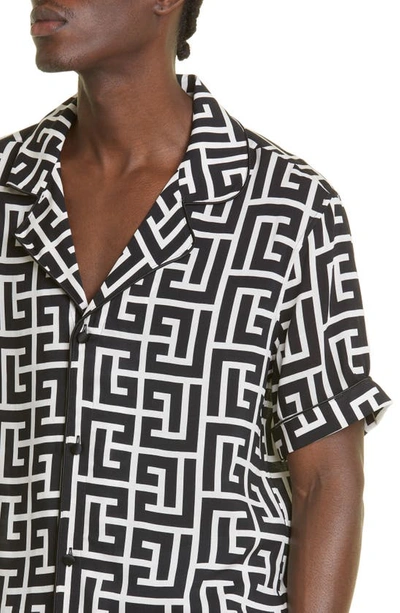 Shop Balmain Macro Monogram Short Sleeve Camp Shirt In Ivory/ Black