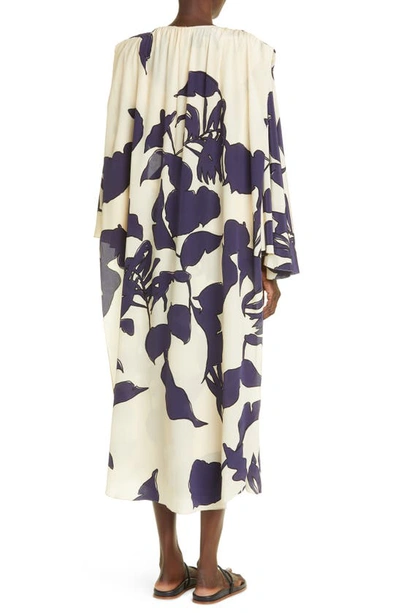 Shop Johanna Ortiz Ancient Tropics Long Sleeve Cape Back Silk Crêpe De Chine Dress In Kimono Ecru/ Navy