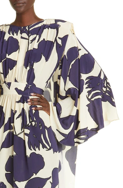Shop Johanna Ortiz Ancient Tropics Long Sleeve Cape Back Silk Crêpe De Chine Dress In Kimono Ecru/ Navy