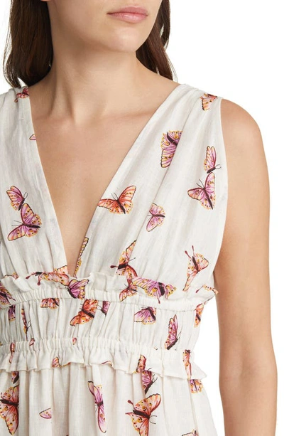 Shop Banjanan Victoria Ruffle Ruched Linen Dress In Kaleidoscope Butterfly Multi